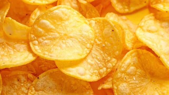 Close-up shot of delicious golden potato chips, perfect for a snack or party.