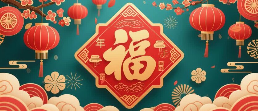 Red and gold Chinese New Year greeting card featuring traditional festive decorations and calligraphy patterns with holiday celebration symbols in a vector illustration frame