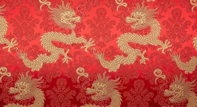 Chinese dragon pattern on red fabric.