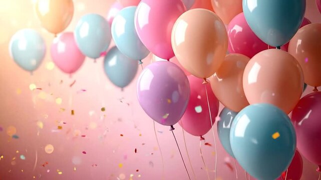 Colorful balloons floating in the air with confetti, perfect for celebrations and festive events.