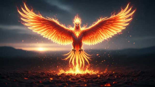 Fiery Phoenix Bird Rising From Embers, Symbol of Rebirth and Immortality