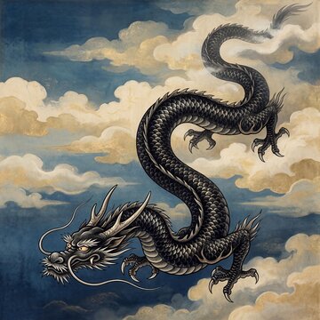 雲の間を泳ぎまわる黒龍のイラスト