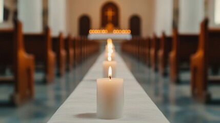 A row of lit candles lines the center aisle of a church, with pews on each side and a cross visible in the background.