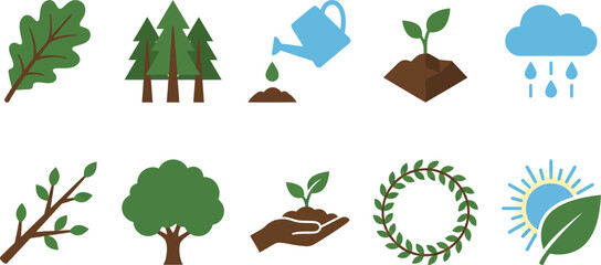 Reforestation and botanical growth vectors with 10 elements forest green bark brown sky blue oak leaf pine trees watering can seedling rain cloud branch tree soil wreath sunburst flat vector © Madhuka Disanayaka