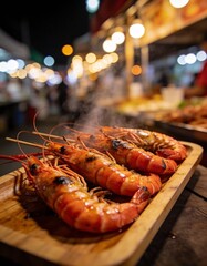 Seafood platter, grilled shrimp, night market lights, shallow focus, high realism