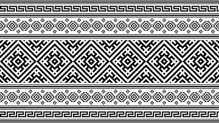 Ethnic geometric horizontal seamless pattern background in black and white with repeating tribal ornaments. Ideal for textile design, wallpaper, wrapping paper, invitation backgrounds, packaging desig
