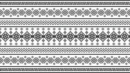 Ethnic geometric horizontal seamless pattern background in black and white with repeating tribal ornaments. Ideal for textile design, wallpaper, wrapping paper, invitation backgrounds, packaging desig