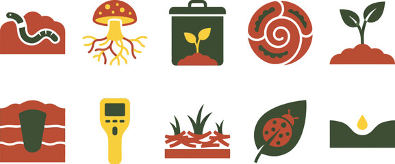 Regenerative agriculture and soil health icons with 10 elements clay red dark moss sunshine yellow earthworm mycelium mushroom compost permaculture garden cover crop soil layers sensor mulch ladybug  © Madhuka Disanayaka