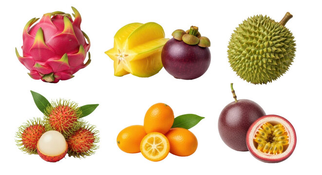 A vibrant mix of exotic whole and halved tropical fruits on white.