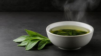 A steaming bowl of green tea with fresh tea leaves on a dark textured surface.