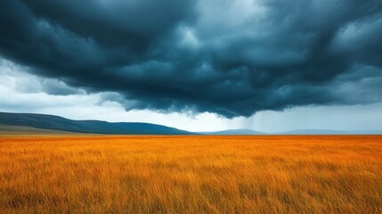 A vast golden field stretches under dramatic dark storm clouds and distant hills, creating a striking, moody landscape.