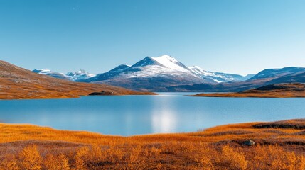 A serene lake with clear blue water, surrounded by golden fields and snow-capped mountains under a bright blue sky.