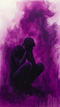 Abstract Painting of Man Hiding His Face in Despair, Enveloped by Swirling Purple Hues and Dripping Textures, Symbolizing Profound Sadness and Inner Turmoil