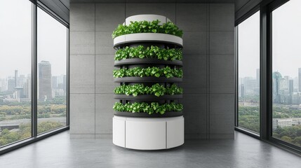 Modern indoor vertical garden with lush green plants in a sleek, minimalist office space overlooking a city skyline.