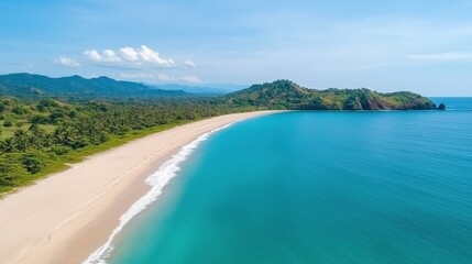 A pristine tropical beach with turquoise waters, white sand, lush greenery, and distant hills under a clear blue sky.