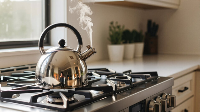 Whistling kettle boiling on gas stove in modern kitchen during daytime  