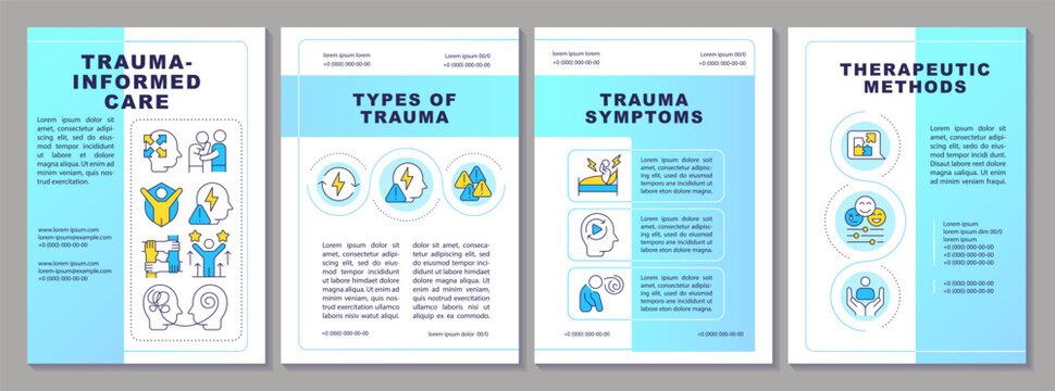 Trauma informed care brochure layout. Emotional safety, mental health. Leaflet advertising design with color line icons. Editable 4 pages. Arial-Black, Myriad Pro-Regular fonts used