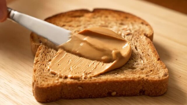Toasted slice of wheat bread on a cutting board, macro shot.