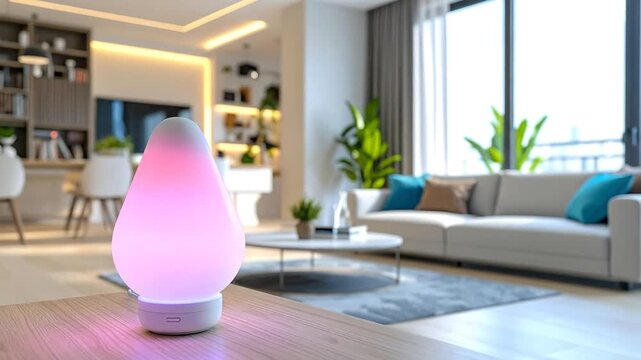 Modern interior with a colorful aroma diffuser on a wooden table, creating a relaxing atmosphere.