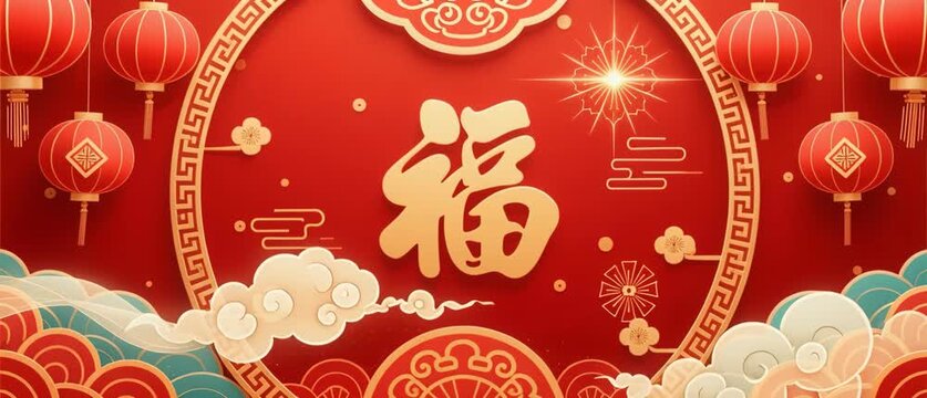 An elegant Chinese New Year greeting card featuring traditional red and gold patterns, oriental ornaments, and calligraphy art for a festive holiday celebration culture wallpaper design
