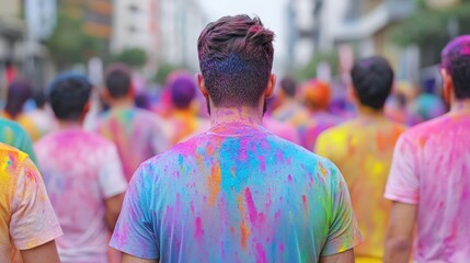 A group of people covered in colorful powder celebrates outdoors, likely during a vibrant festival or event.