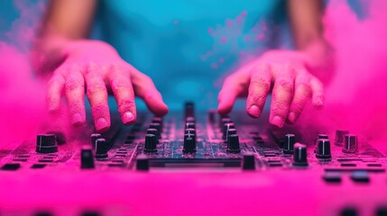A DJ mixes music on a console with vibrant pink powder creating a dynamic party atmosphere.