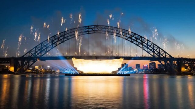 Bright white and blue fireworks exploding over a body of water with a bridge in the background at dusk