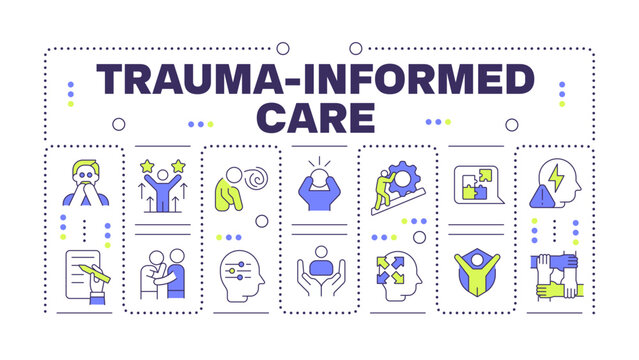 Trauma informed care word concept isolated on white. Emotional intelligence, self improvement. Creative illustration banner surrounded by editable line colorful icons. Hubot Sans font used