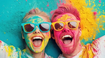 Two people wearing sunglasses laugh joyfully, their faces and clothes covered in vibrant colored powder against a bright background.