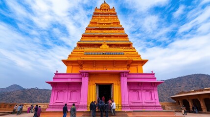 A vibrant yellow and pink Hindu temple stands against a bright sky, with visitors gathered at its entrance in a mountainous landscape.