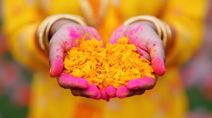 Hands holding bright yellow flower petals with vibrant pink powder, symbolizing celebration and tradition.