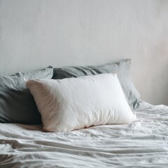 A bed is made with white and gray pillows arranged on top of light bedding in a room with natural light