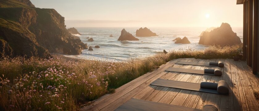 Sunrise yoga session at ocean view location with mats