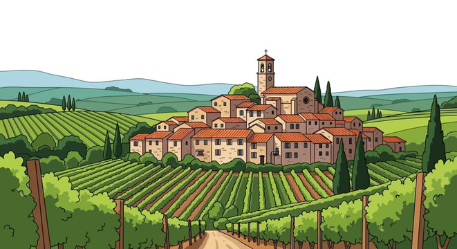 A picturesque Italian village nestled amidst rolling vineyards and lush green hills under a clear sky.