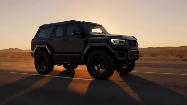 Black modern off road electric suv parked on empty desert road at sunset with dramatic sky and mountains on background. Concept of freedom and adventure travel