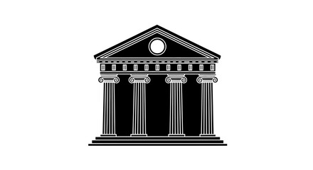 A black and white illustration of a classical Greek temple with columns and a triangular pediment. © Adel