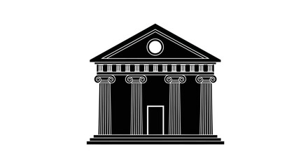 A black and white illustration of a classical Greek temple with columns and a triangular pediment. © Adel
