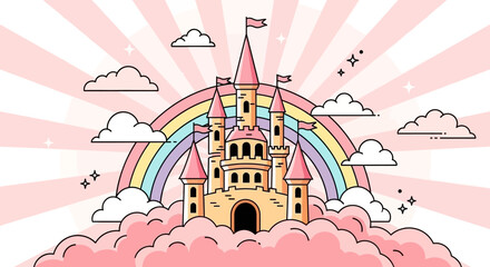 Fototapeta premium A whimsical cartoon castle sits atop fluffy pink clouds with a vibrant rainbow arching behind it under a sky of radiating pink stripes and scattered stars.