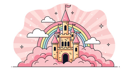 A whimsical cartoon illustration of a fairytale castle perched atop fluffy pink clouds with a rainbow arching behind it. © Adel