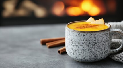 A cozy mug of hot spiced drink with apple pieces, cinnamon sticks, and a fireplace in the background.