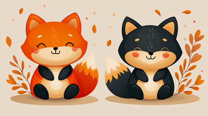 Fototapeta premium Two adorable cartoon foxes, one red and one black, sitting side-by-side with happy expressions amidst falling autumn leaves and decorative branches, rendered in soft, charming illustration style