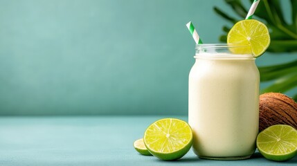 Refreshing lime and coconut smoothie in a mason jar with straws, surrounded by fresh lime slices and a coconut on a pastel background.