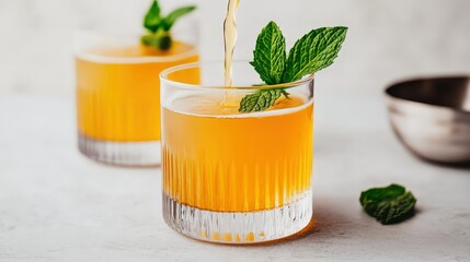 Refreshing orange cocktail garnished with mint leaves served in clear glasses, perfect for a summer drink.