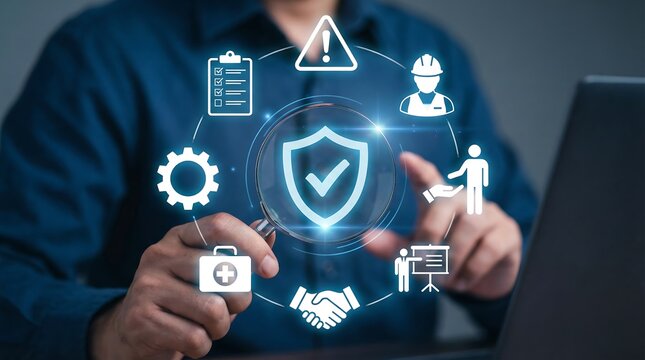 A man in a blue shirt interacts with a glowing digital interface displaying a central shield with a checkmark, encircled by comprehensive safety and compliance icons.