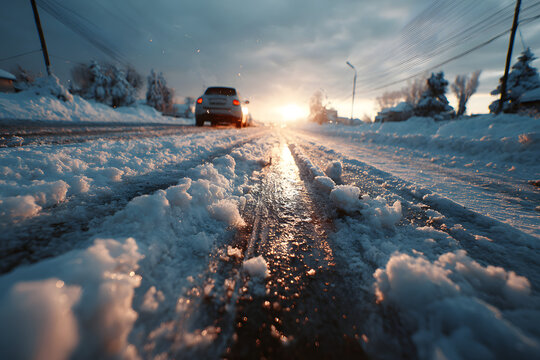 Traffic city road covered in snow and mud with mixture of technical salt, pavement treatment of asphalt roadways with special anti freeze chemicals to reduce formation black ice during winter season.