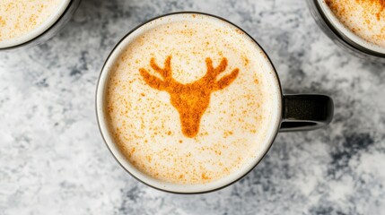 A mug of frothy coffee features a reindeer design made with cinnamon or cocoa powder on top.