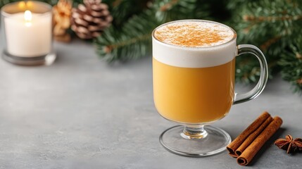 Creamy holiday drink in a glass mug with cinnamon, festive greenery, and a candle in the background.
