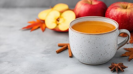 A warm cup of apple cider with cinnamon, surrounded by apples, star anise, and autumn leaves on a gray surface.