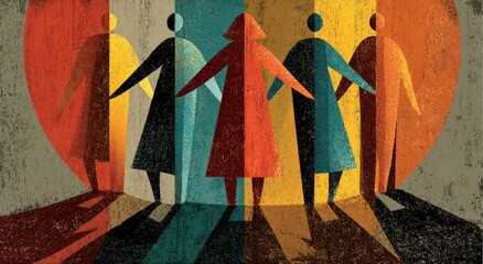 Fototapeta premium Diverse figures in abstract colors stand united, casting long shadows