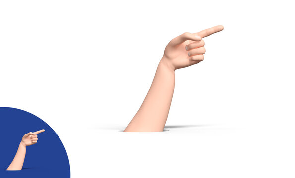 un bras et une main sortent d'un trou et montrent quelque chose avec le doigt sur le c&ocirc;t&eacute; - rendu 3D sur fond transparent